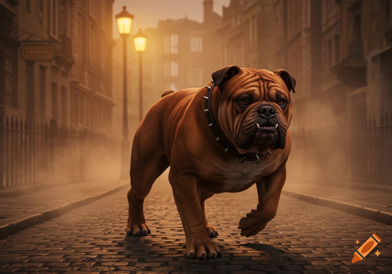 A muscular brown bulldog with a studded collar walks forward on a cobblestone street in a foggy city at dusk, with streetlights glowing in the background.