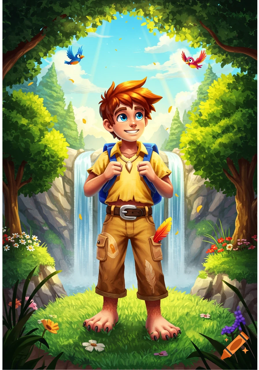 A smiling, red-haired cartoon boy with animal-like feet, a backpack, and a feather, stands in a vibrant forest with a waterfall.