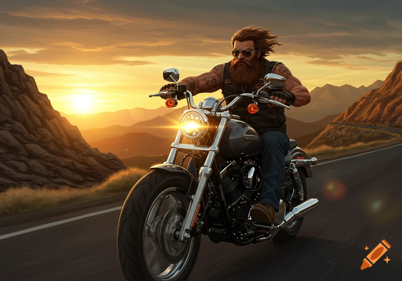 Bearded man riding a motorcycle on a mountain road during sunset.