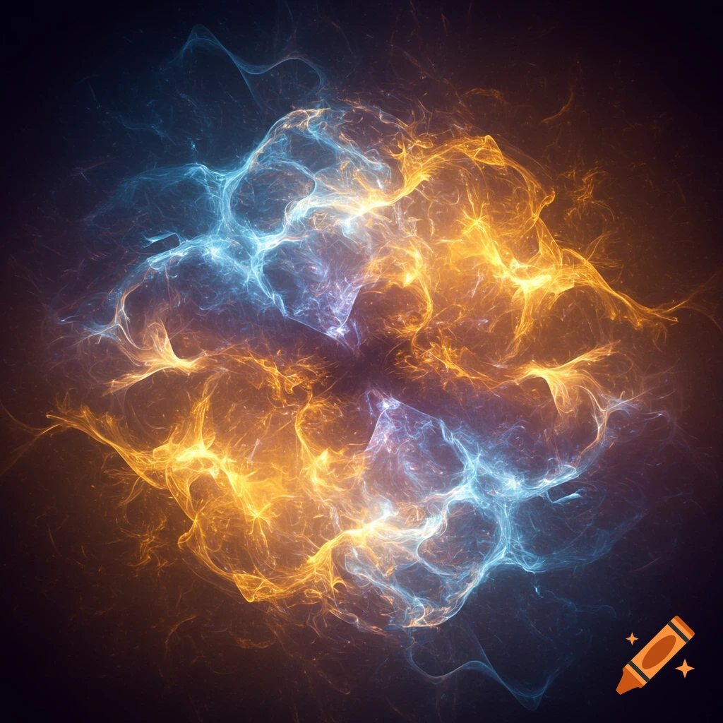 Abstract swirling blue and orange energy with a dark cross-like shape in the center.