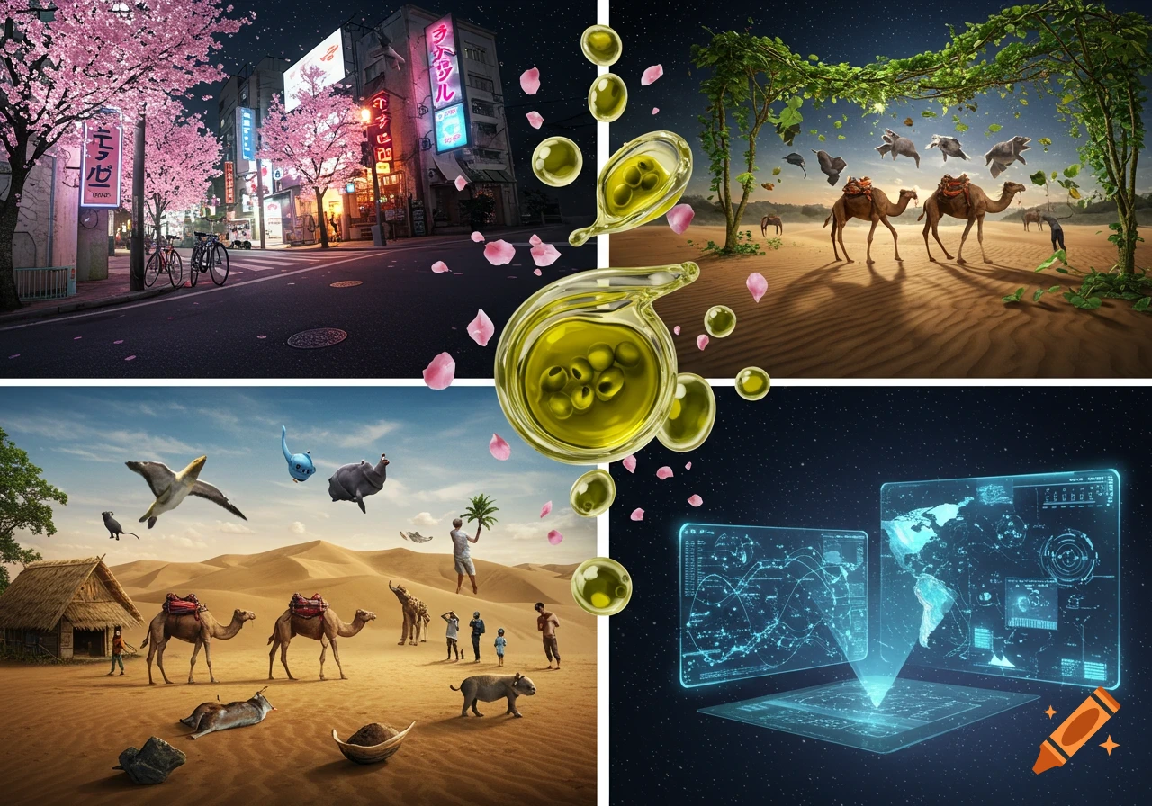 A surreal collage featuring four scenes: a Japanese street with cherry blossoms, a desert with floating elements, a desert with people and animals, and a futuristic holographic map in space. Olive oil droplets and pink petals float in the center.
