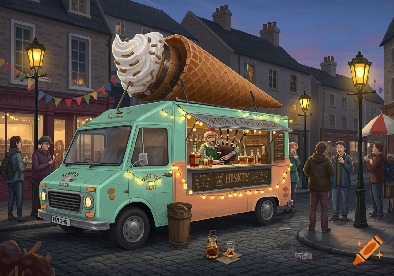 A whimsical street scene at dusk with an ice cream truck that has a giant ice cream cone on top and sells whiskey, with a man playing bagpipes inside. People are gathered around the truck.