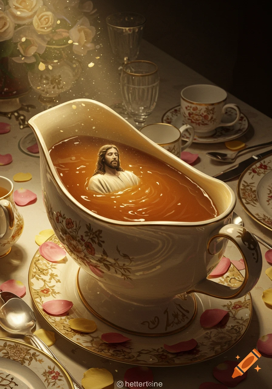 Jesus, with long brown hair and beard, is shown from the chest up, seemingly floating in a gravy boat filled with brown gravy. The setting is a formal dining table with ornate crockery and scattered rose petals.