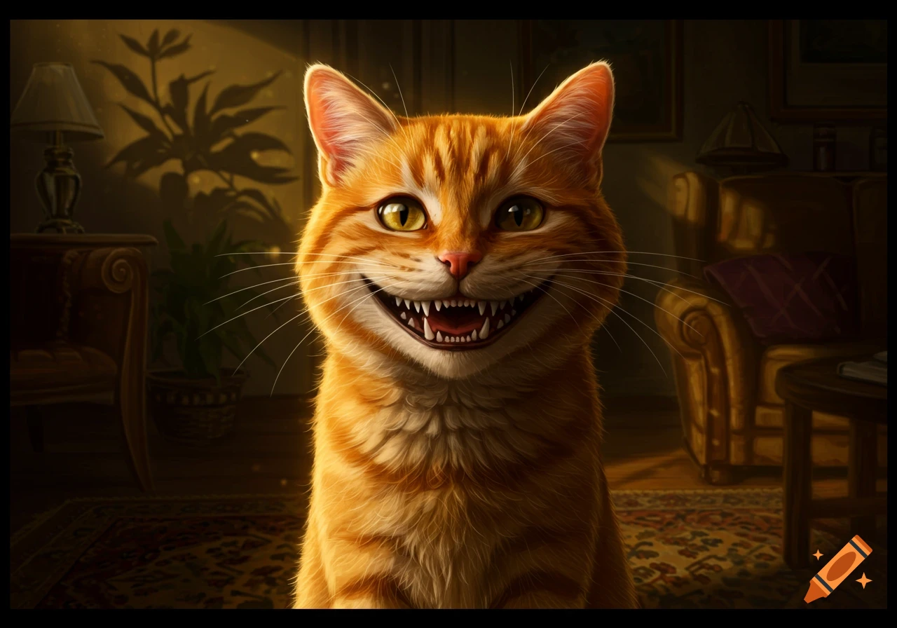 An orange tabby cat with yellow eyes smiles a wide, creepy, toothy grin in a dimly lit room.