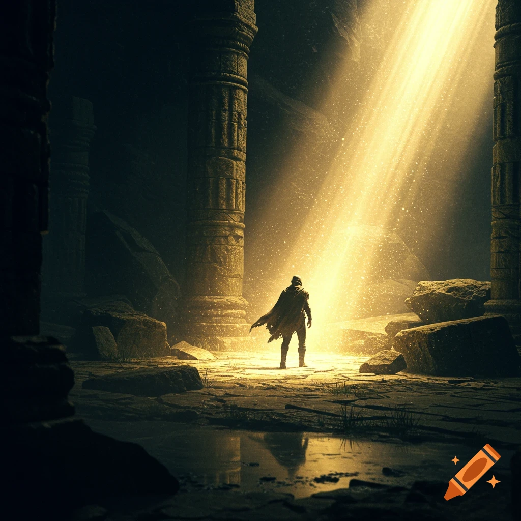 A cloaked figure stands in a beam of golden light within an ancient, dark ruin with tall stone pillars and a reflective pool.