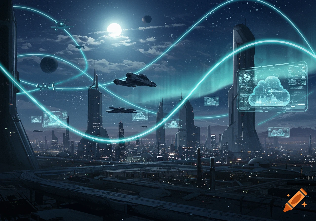A futuristic cityscape at night with tall buildings, flying vehicles, glowing blue data lines, and holographic screens under a starry sky with a bright moon.