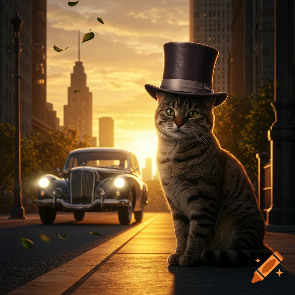 A photorealistic image of a tabby cat wearing a top hat, sitting on a city street at sunset with a vintage car in the background.