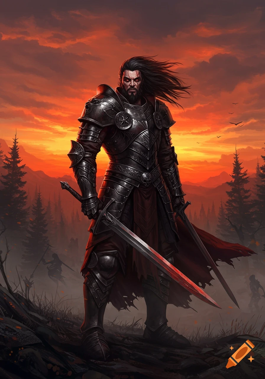 A brooding fantasy warrior in dark armor holds two swords against a dramatic orange and red sunset sky.