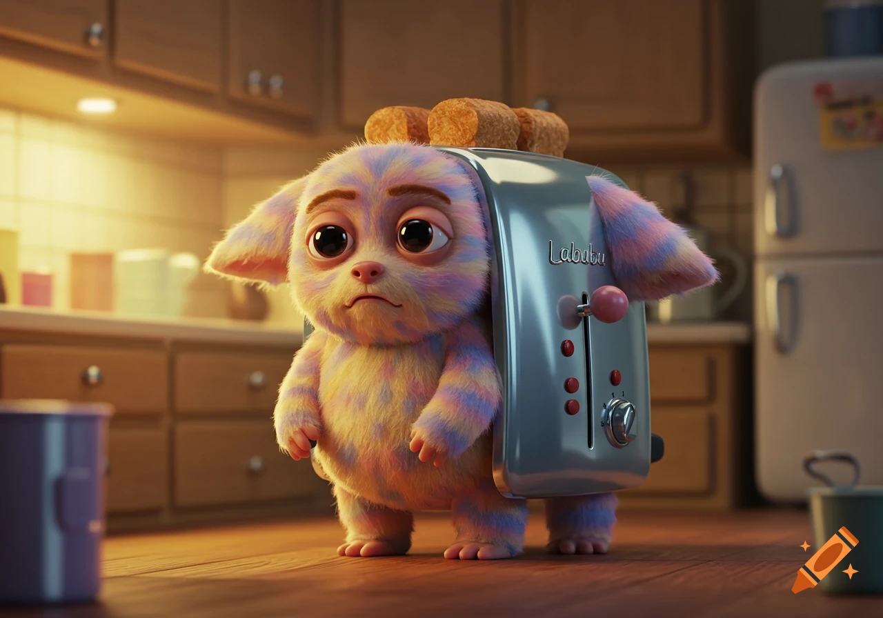 A colorful, furry Labubu creature with big eyes and a toaster on its back stands in a kitchen.