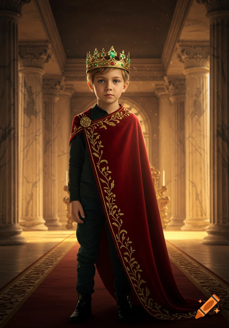 A young boy with a golden crown and red royal cape stands in a grand palace hall with columns.