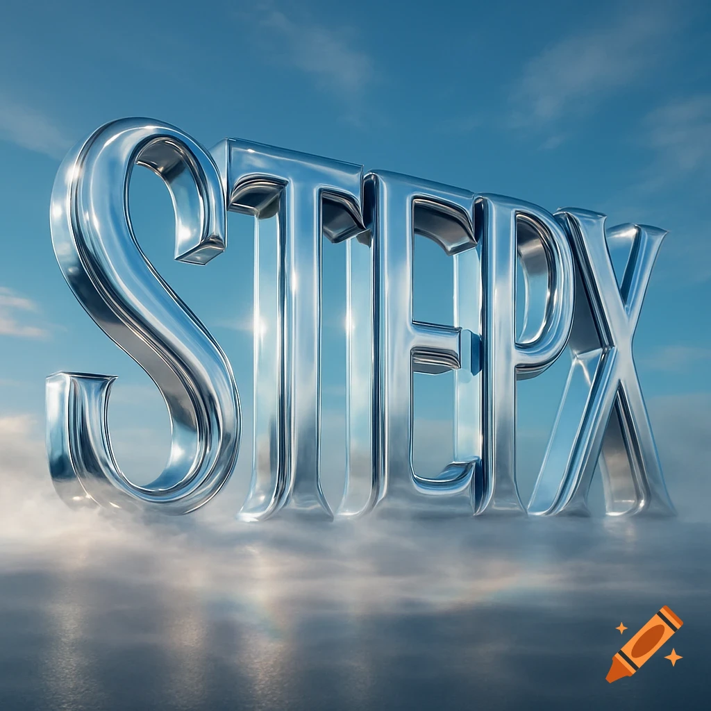 Shiny chrome 3D letters spelling 'STEPX' float above a misty surface with a blue sky and clouds in the background.