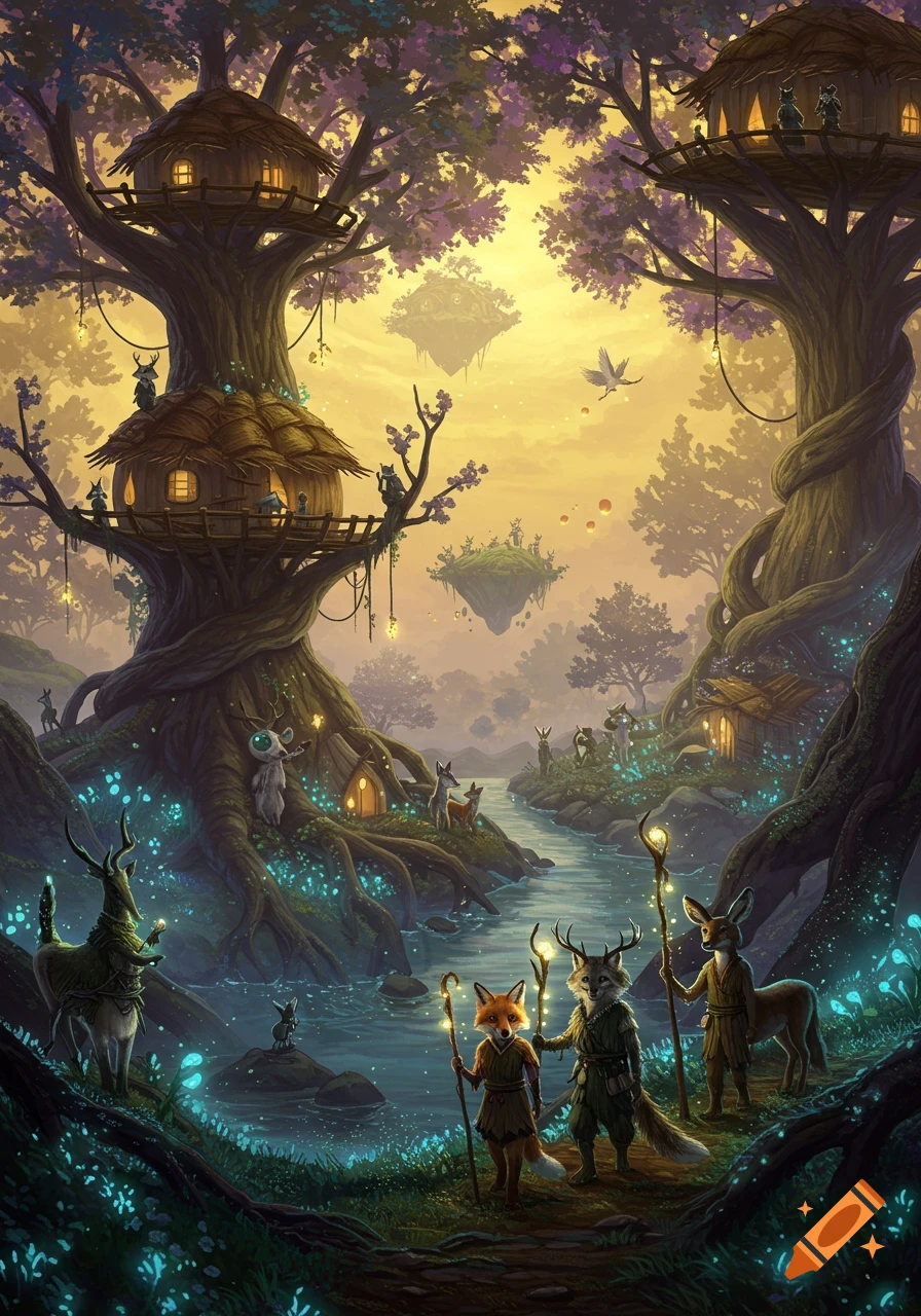 A serene fantasy forest with anthropomorphic animals, glowing plants, treehouses, a river, and floating islands under a golden and violet sky.