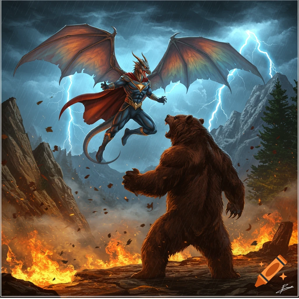 A dragon-headed superhero battles a bear in a stormy, fiery mountain landscape, depicted in a fantasy art style.