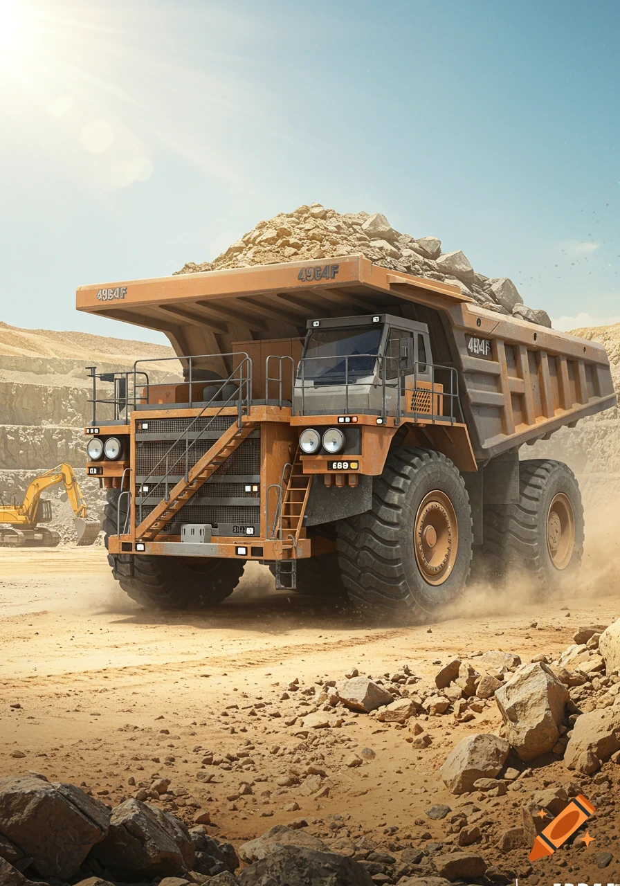 A large orange mining dump truck loaded with rocks drives through a dusty quarry under a bright sky, with another excavator in the background.