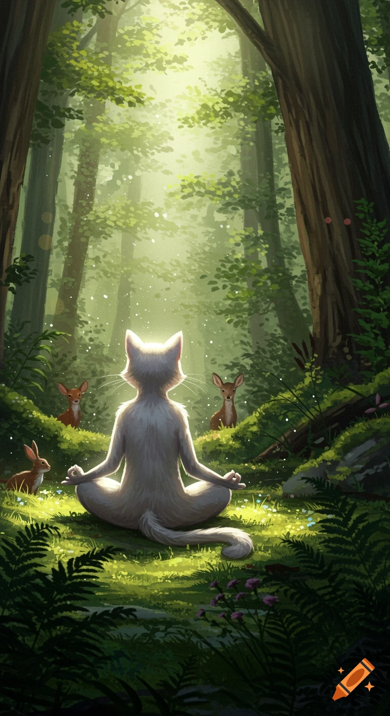 A white cat meditates in a sunny forest clearing, back to viewer, with deer and a rabbit observing nearby. Illustrated fantasy art.
