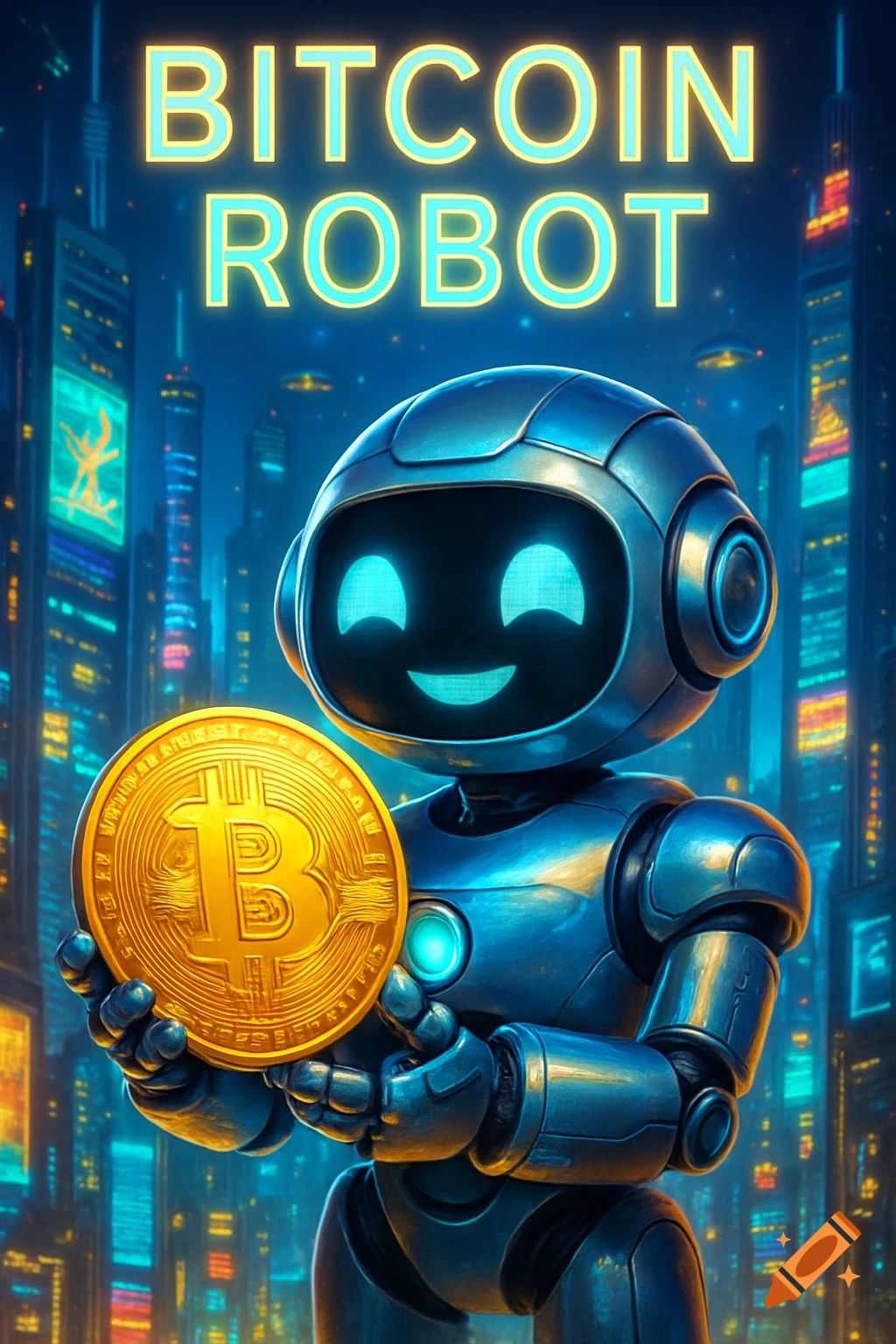 A happy futuristic robot holds a golden Bitcoin coin in front of a neon-lit city skyline, with 'BITCOIN ROBOT' text above.