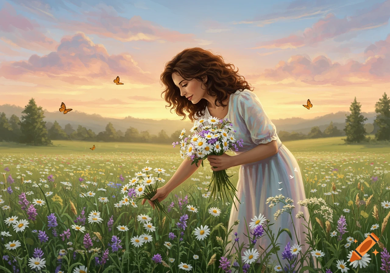 A woman in a white dress picking daisies and purple wildflowers in a sunny meadow at sunset, with butterflies fluttering.