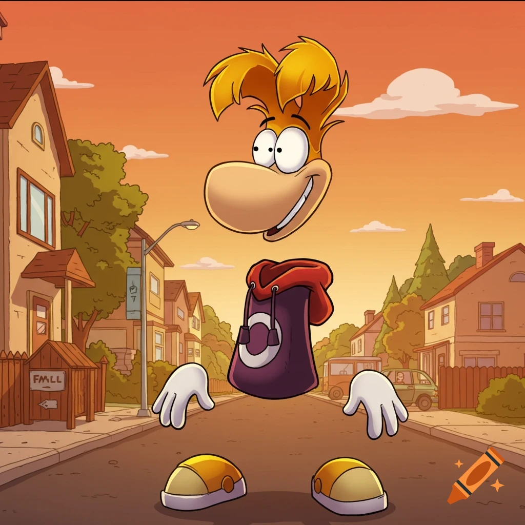 Cartoon character Rayman stands in the middle of a street with suburban houses at sunset, in the style of Family Guy.