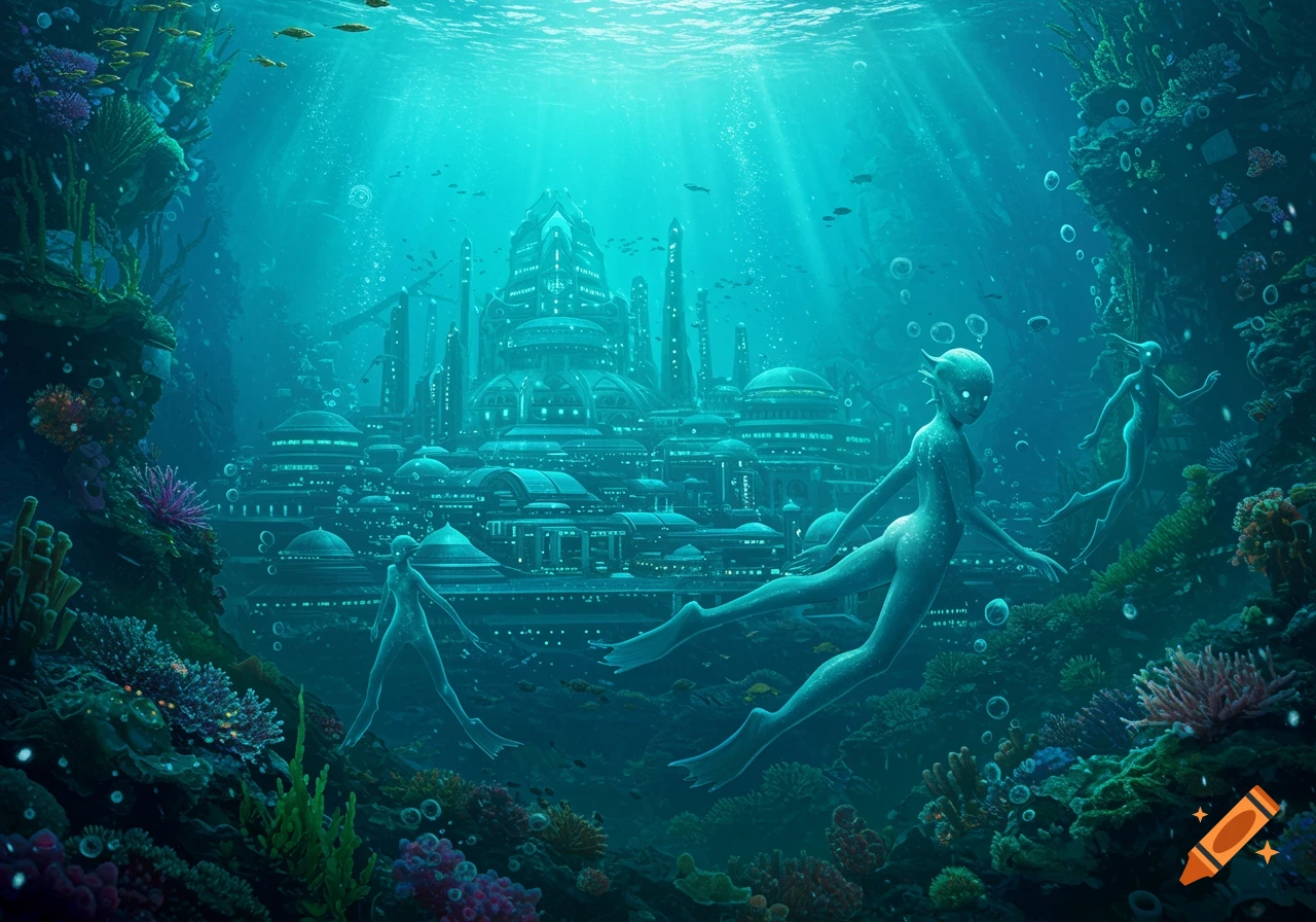 Three pale, slender humanoids swim through a vibrant underwater city surrounded by coral and marine life, with light beams from the surface.