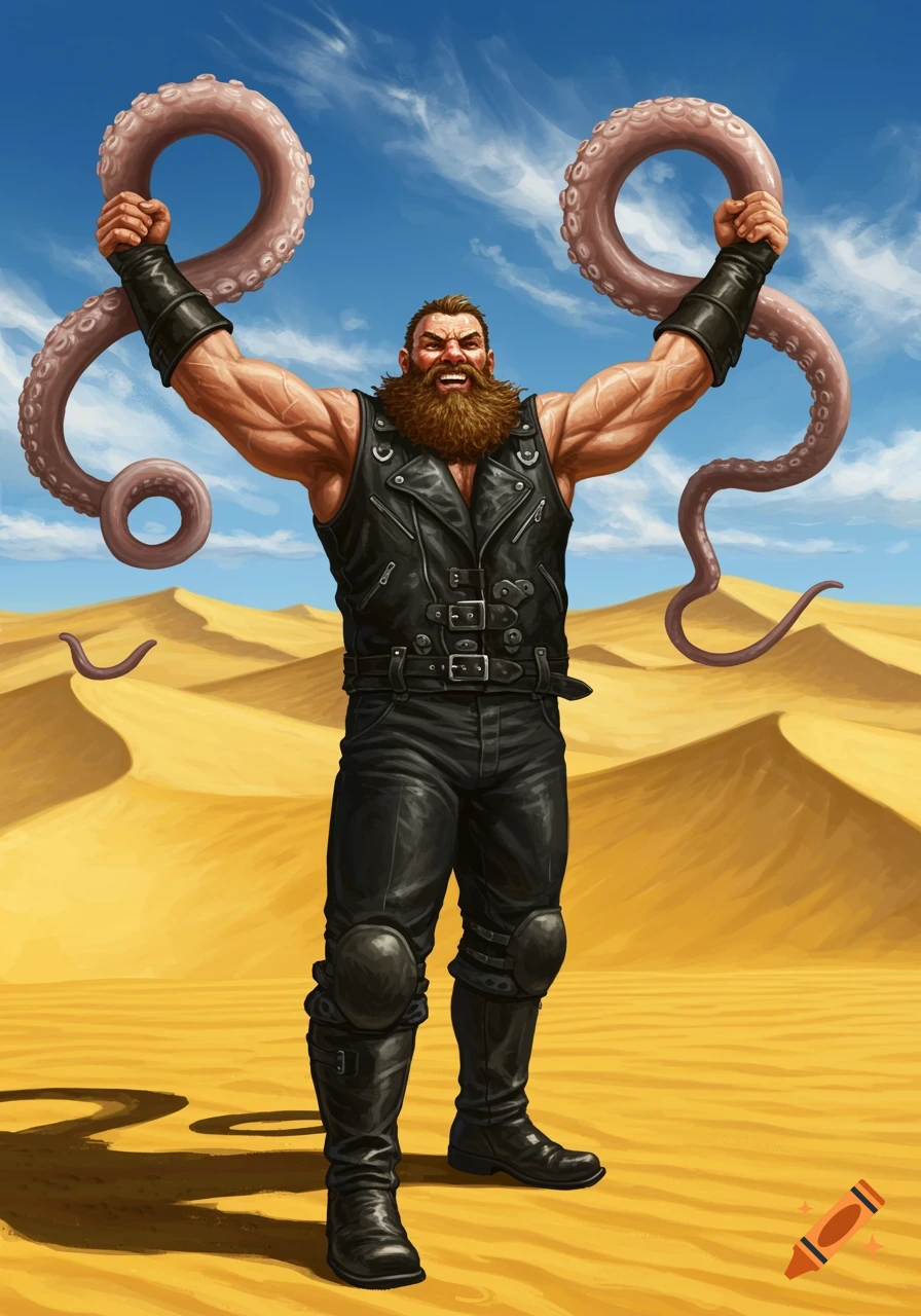 A muscular, bearded biker in a leather vest stands in a desert, happily holding a large octopus tentacle in each raised hand. Illustrated.