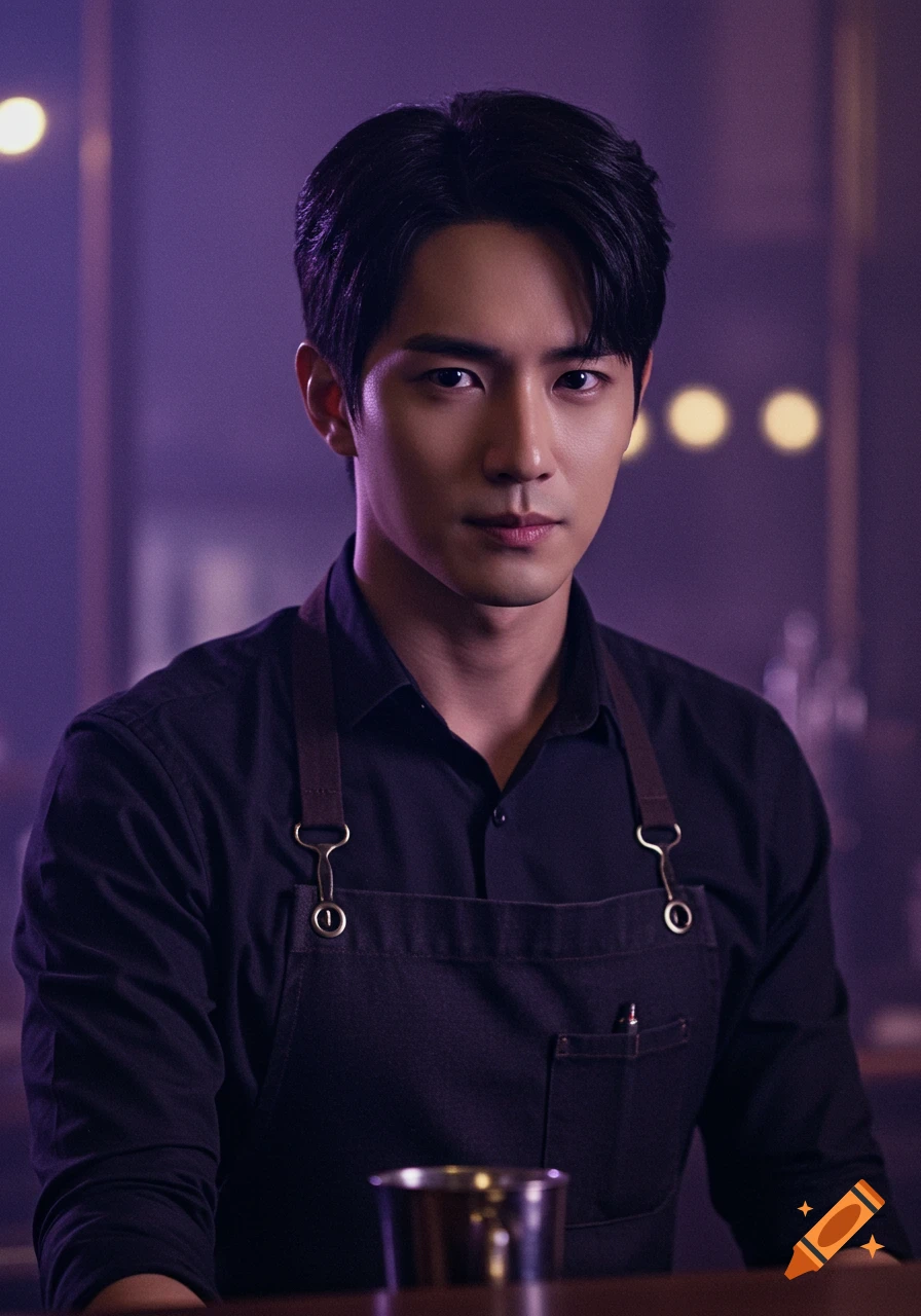 A man in a black shirt and dark apron stands behind a bar counter, looking directly at the viewer under soft purple lighting.