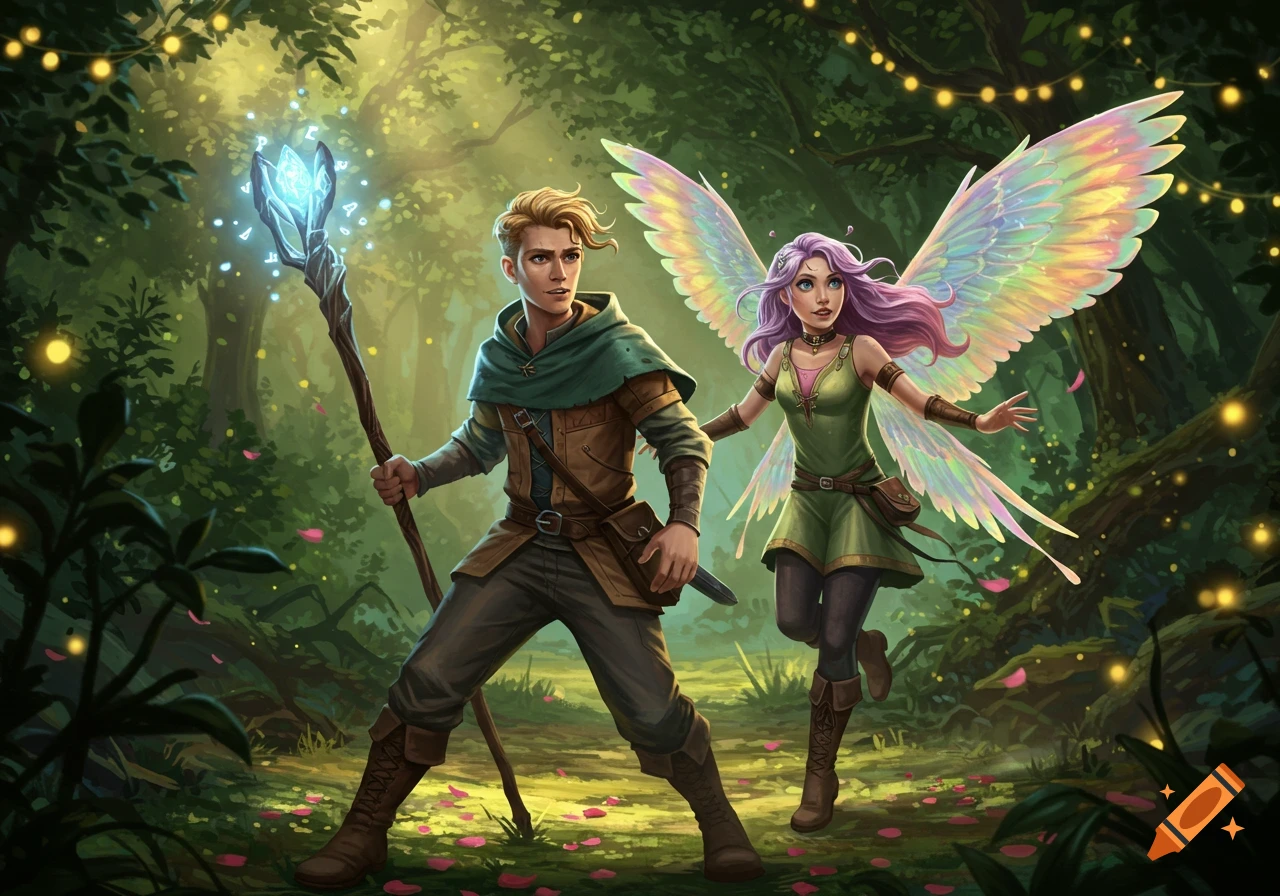 Two fantasy characters, a male with a glowing staff and a purple-haired fairy, stand in an enchanted forest with glowing lights.