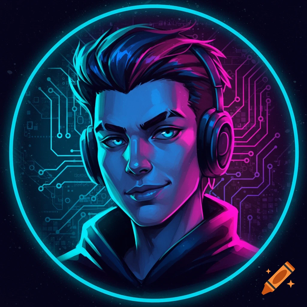 A stylized male character with neon blue eyes and pink/blue hair, wearing headphones, set against a dark background with glowing circuit board patterns. He is depicted in a vibrant, digital art style.