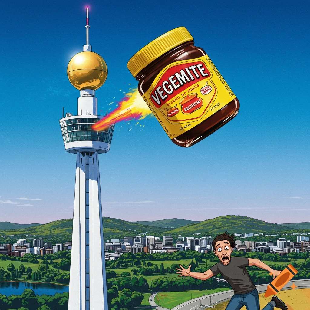 A giant Vegemite jar launches from Telstra Tower, flying towards a terrified man in a vibrant, humorous illustration.