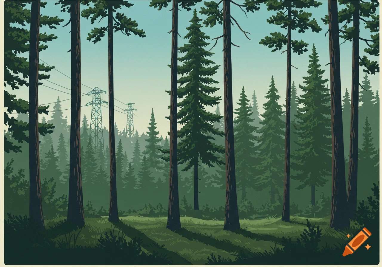 A vintage vector art illustration of a dense pine forest under a clear sky, with two transmission towers visible in the distant background.