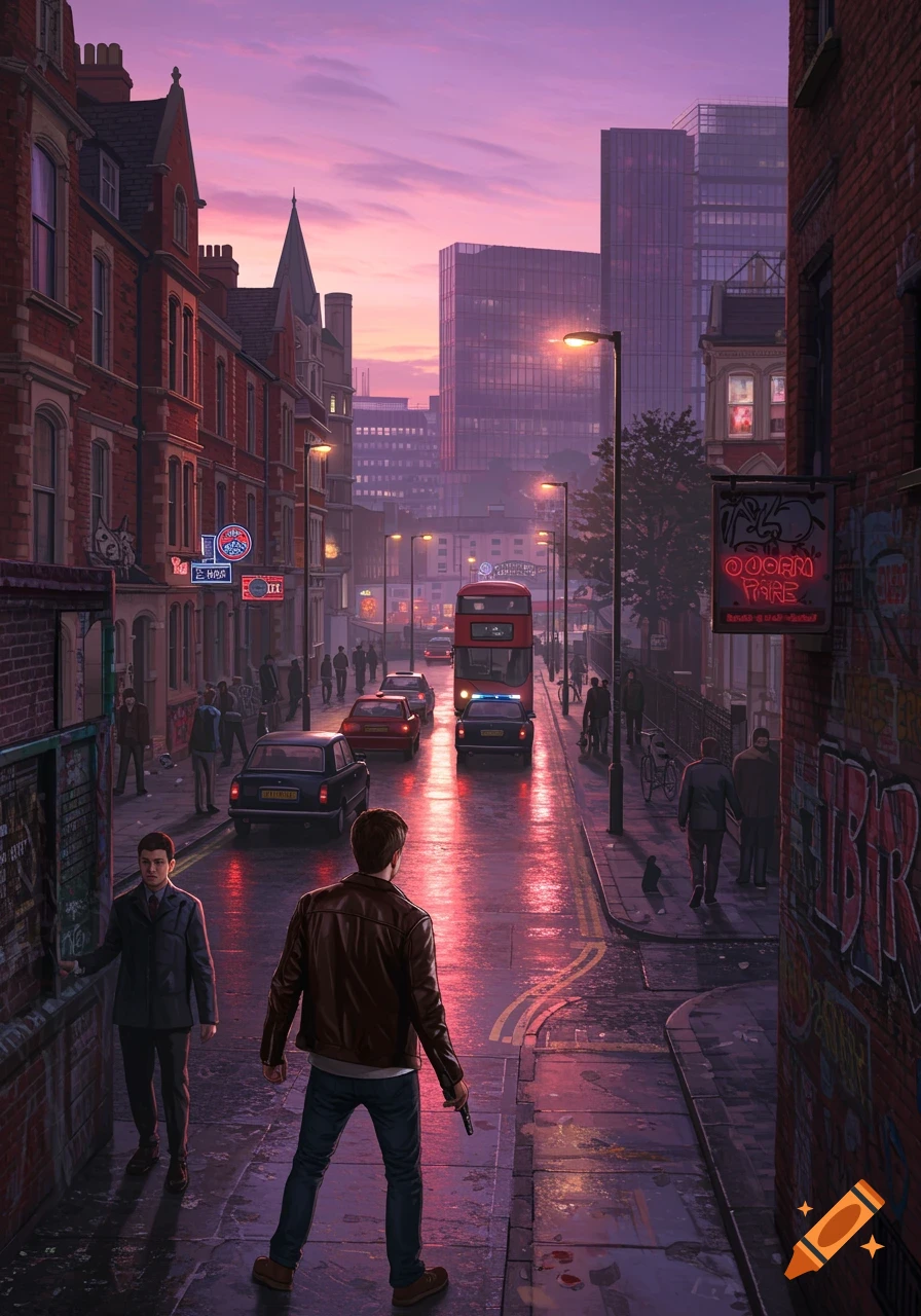 An urban street scene at dusk with a purple-pink sky. Buildings with neon signs line the street. Cars, a red double-decker bus, and pedestrians move along. Two men are in the foreground, one holding a gun, in a stylized art style.