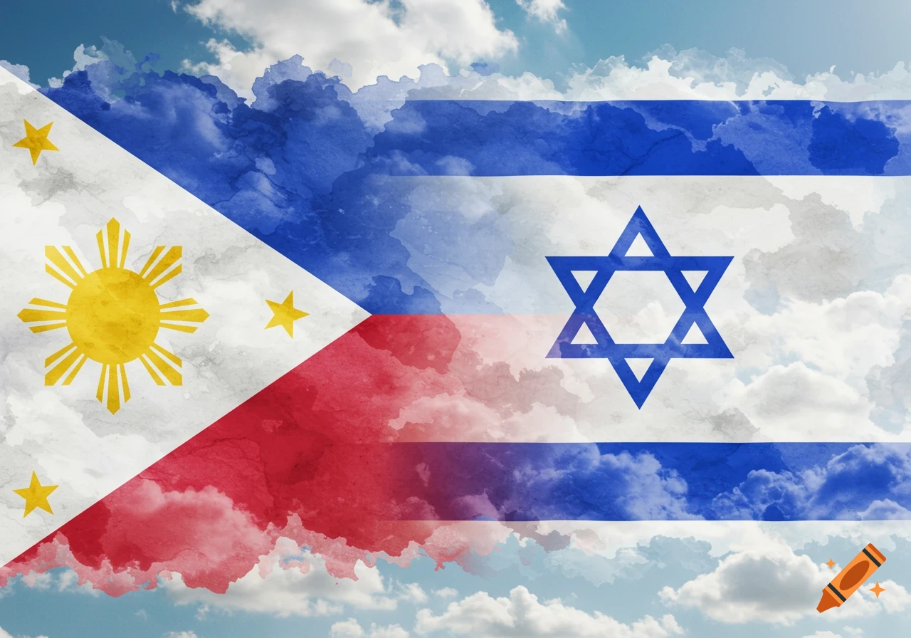 A watercolor-style image combining the flags of the Philippines and Israel against a cloudy sky.