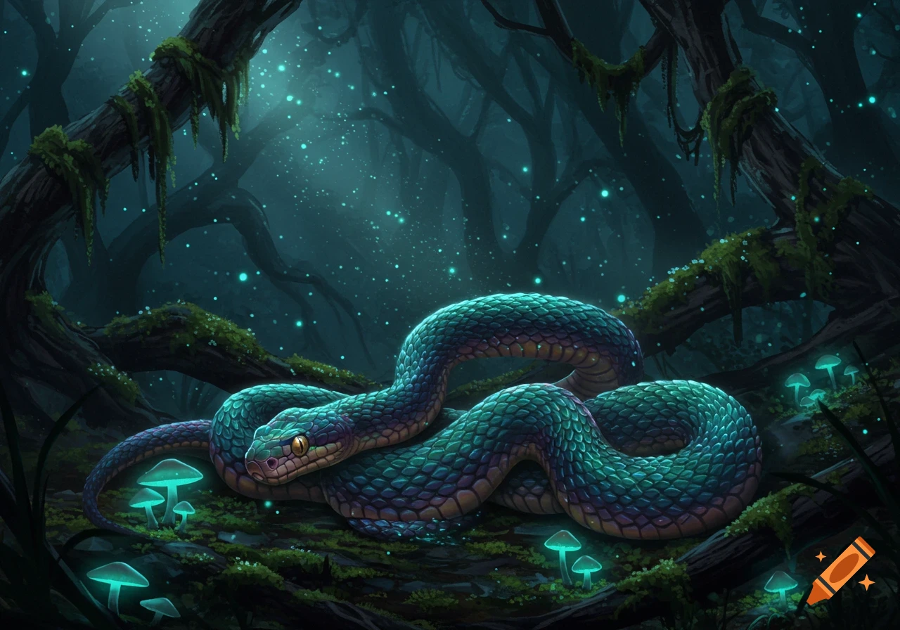 A mystical teal and purple snake coiled in a dark, glowing forest with bioluminescent mushrooms and sparkling lights.