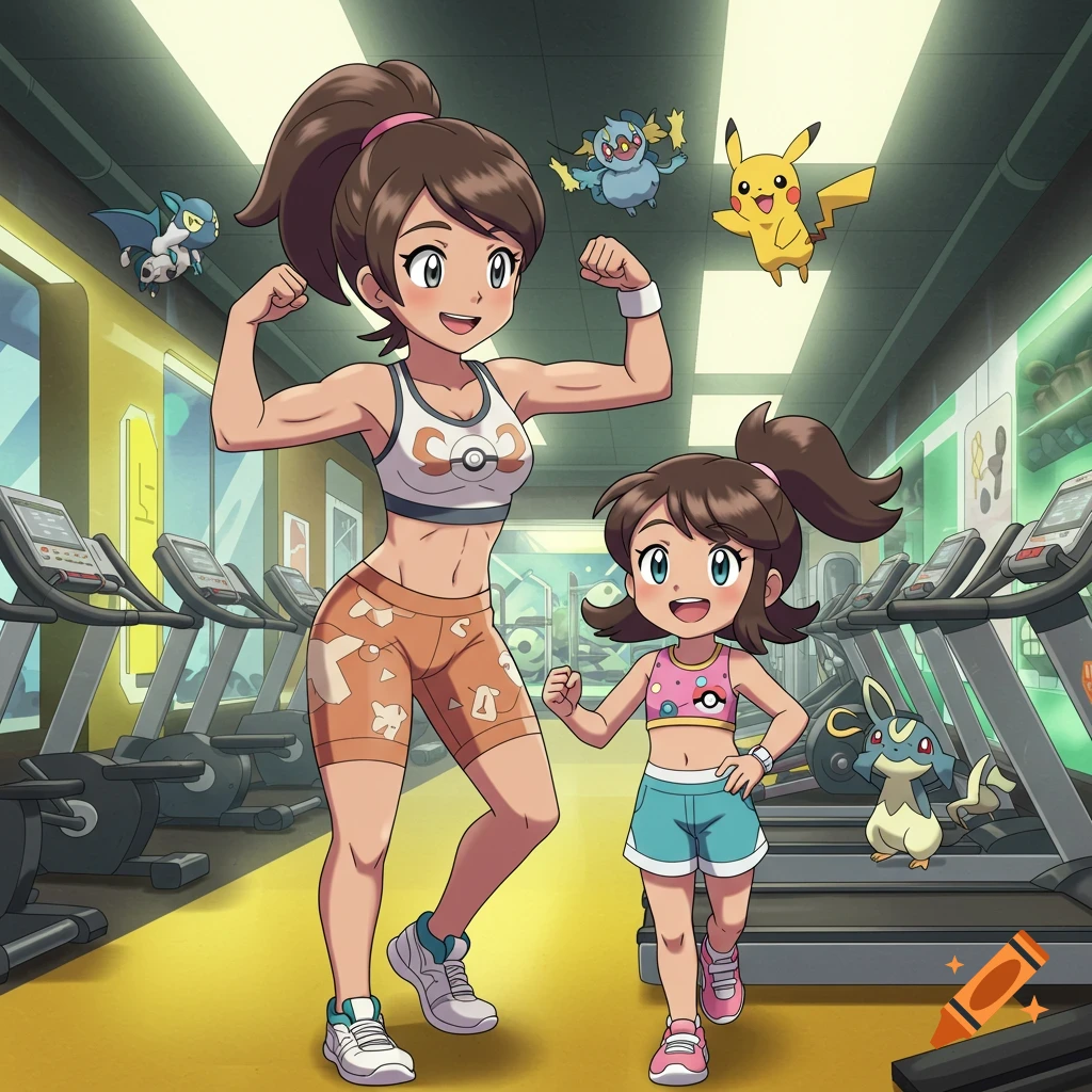 An anime mother and daughter, Liko's mom, are in a gym. The mom flexes her biceps while her daughter smiles and runs beside her. Pikachu and other Pokemon float around them.