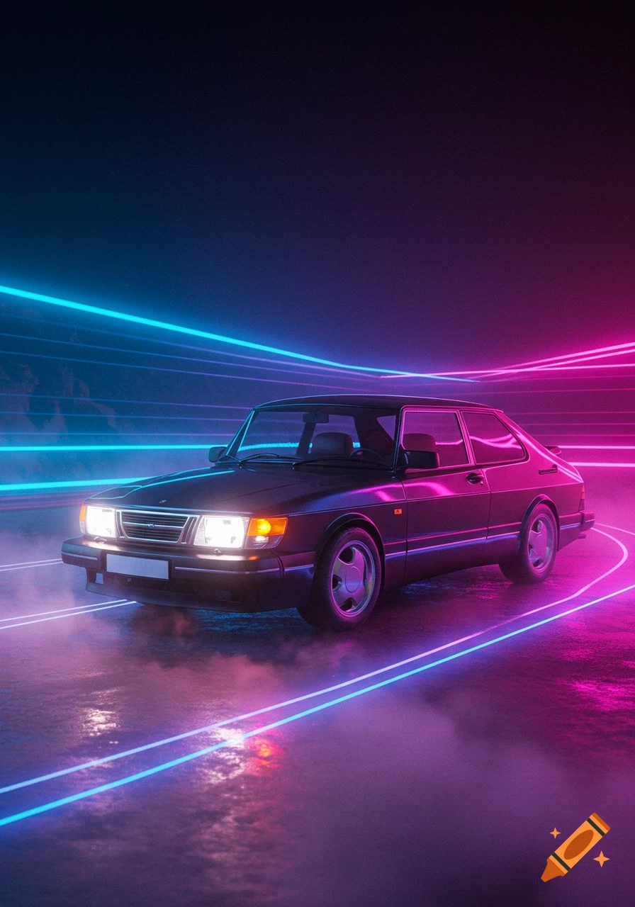 A classic black Saab 900 car on a wet road with glowing blue and pink neon light trails in a dark, retro-futuristic setting.