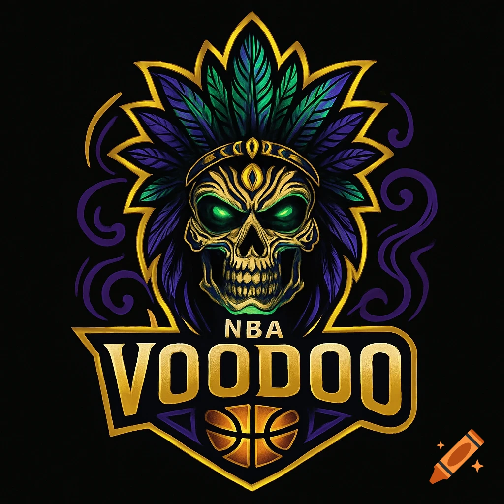 A stylized gold skull with glowing green eyes and a purple and green feathered headdress, above the gold text 'NBA VOODOO' and a basketball symbol. The entire design is set against a black background.