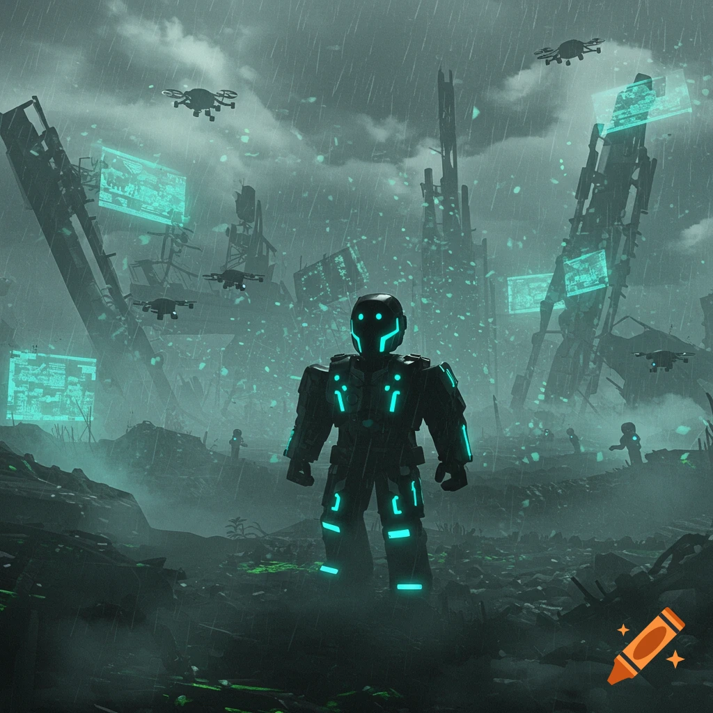 A stylized robot stands in a ruined, rainy, futuristic city, illuminated by neon teal lights. Drones fly overhead with glowing screens.