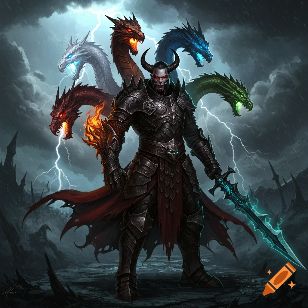 A demonic fantasy warrior in dark armor stands with a fiery five-headed dragon for an arm, holding a glowing blue sword amid lightning.