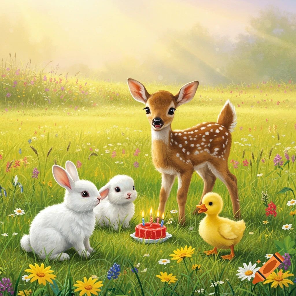 A cute fawn, two bunnies, and a duckling celebrate with a small birthday cake in a sunny, flower-filled meadow.