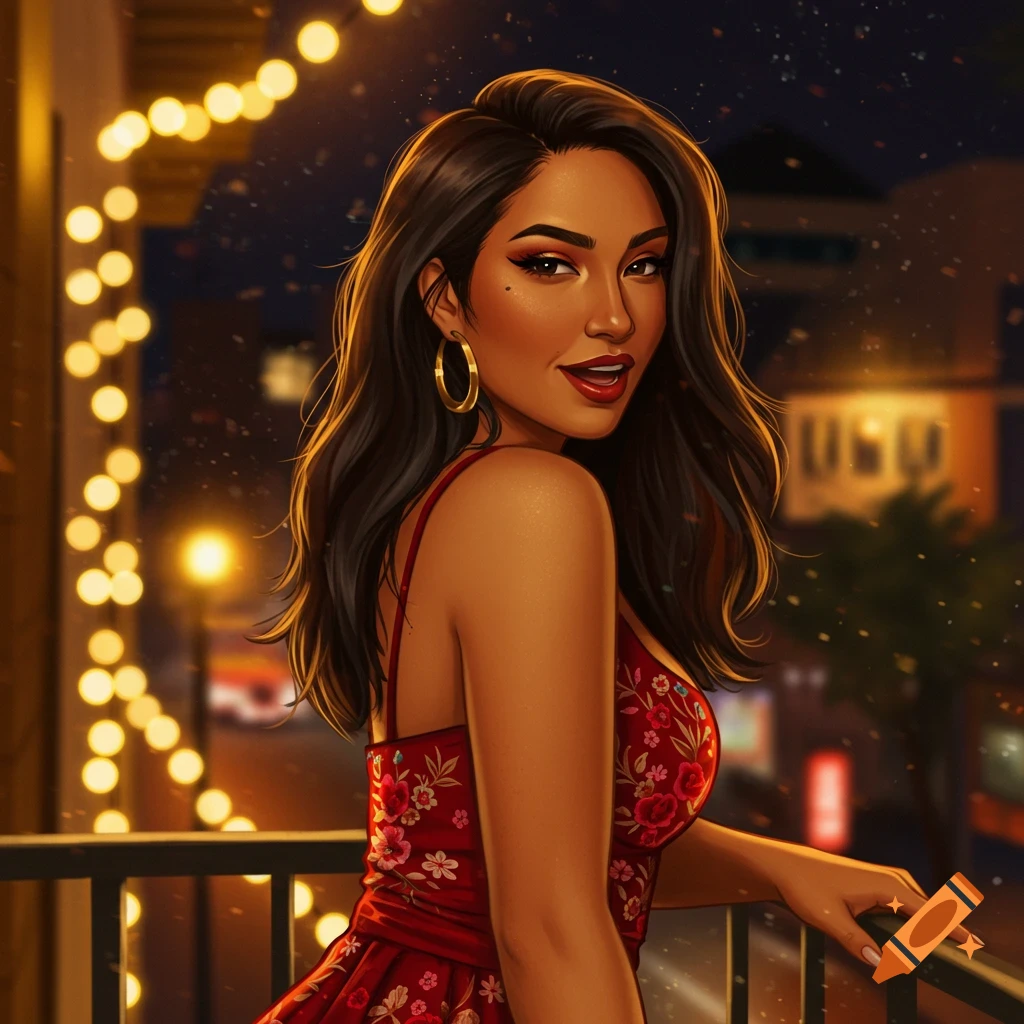 Illustration of a smiling Latina woman in a red floral dress on a balcony at night, cityscape lights in background.