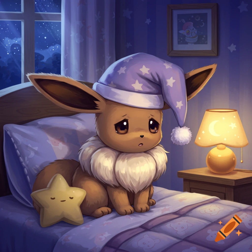 An illustrated Eevee from Pokemon, wearing a purple nightcap, sits on a bed with a star pillow in a cozy bedroom at night.