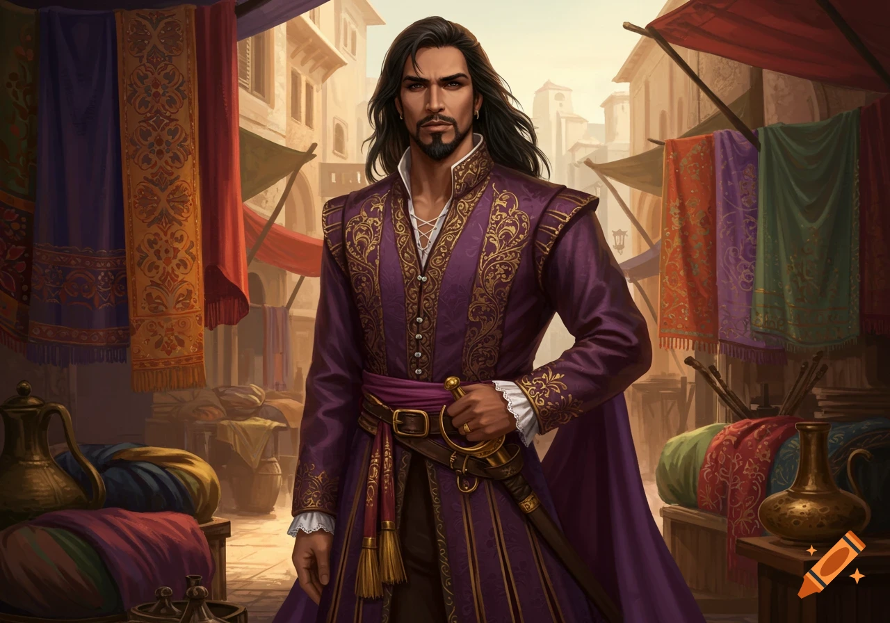 A dark-haired man in a purple and gold brocaded renaissance-style coat stands in a bustling market with colorful fabrics and pottery.
