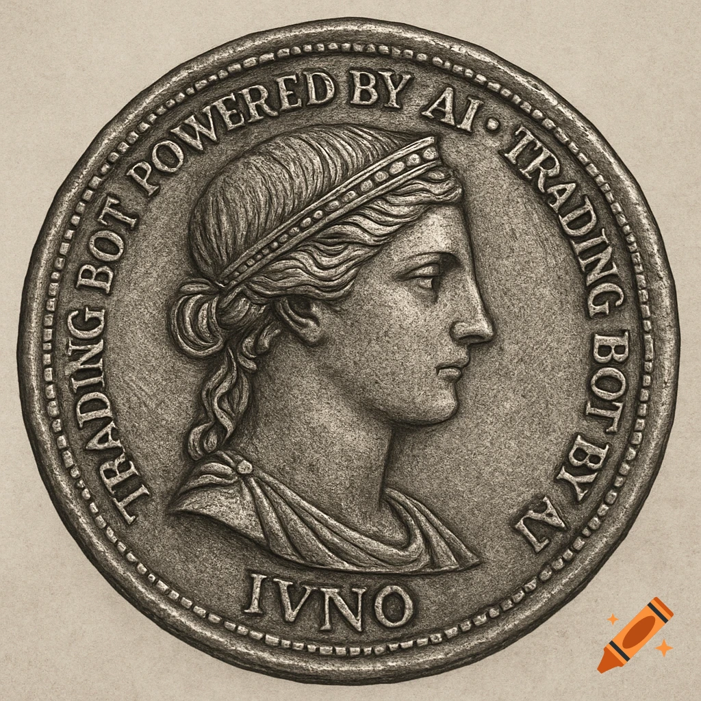 A sepia-toned image of an ancient-style coin featuring the profile of the goddess Juno and text 'TRADING BOT POWERED BY AI TRADING BOT BY AI' around the edge.
