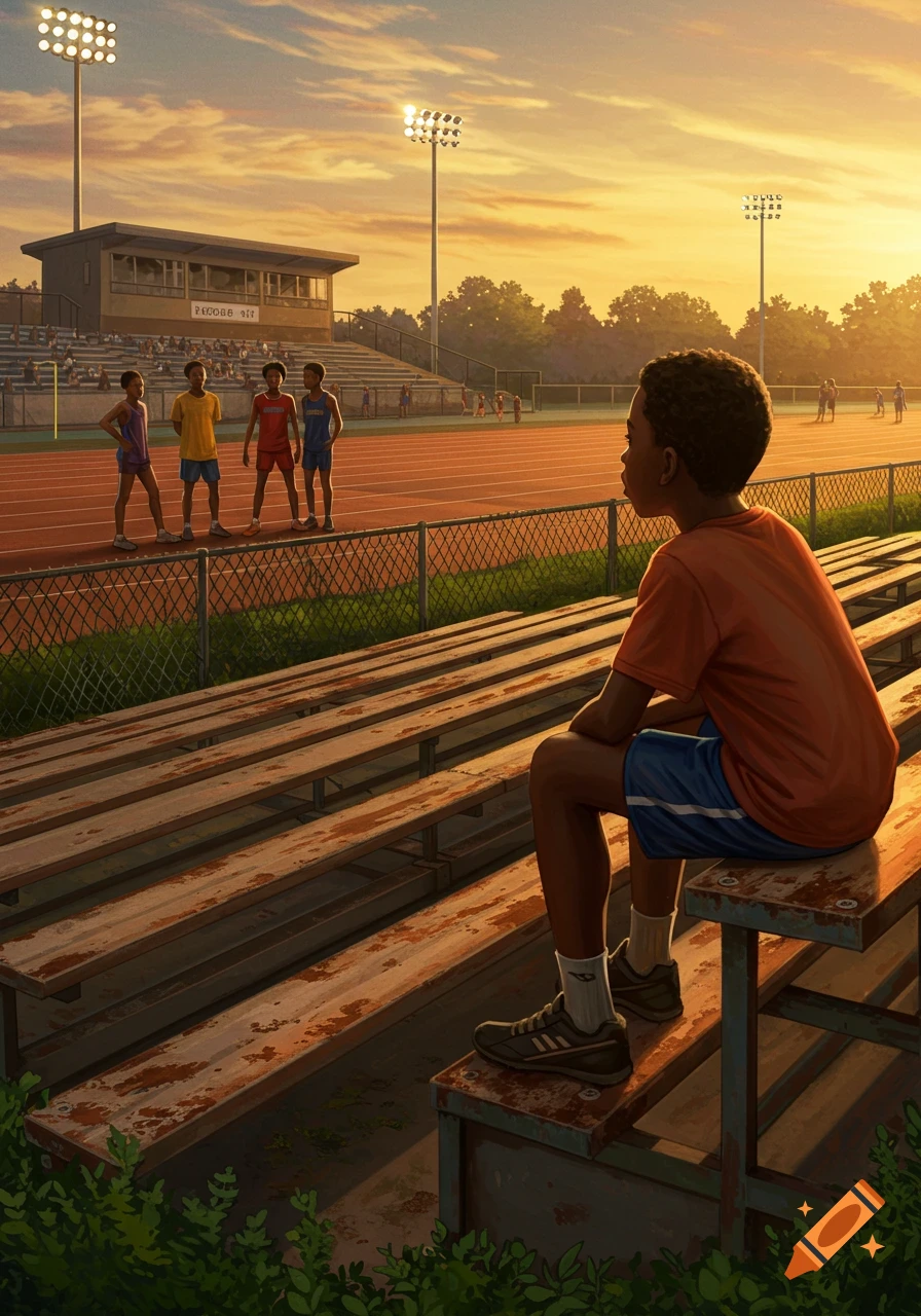 A young Black boy watches a track meet from weathered wooden bleachers as four boys stand on the track at sunset.