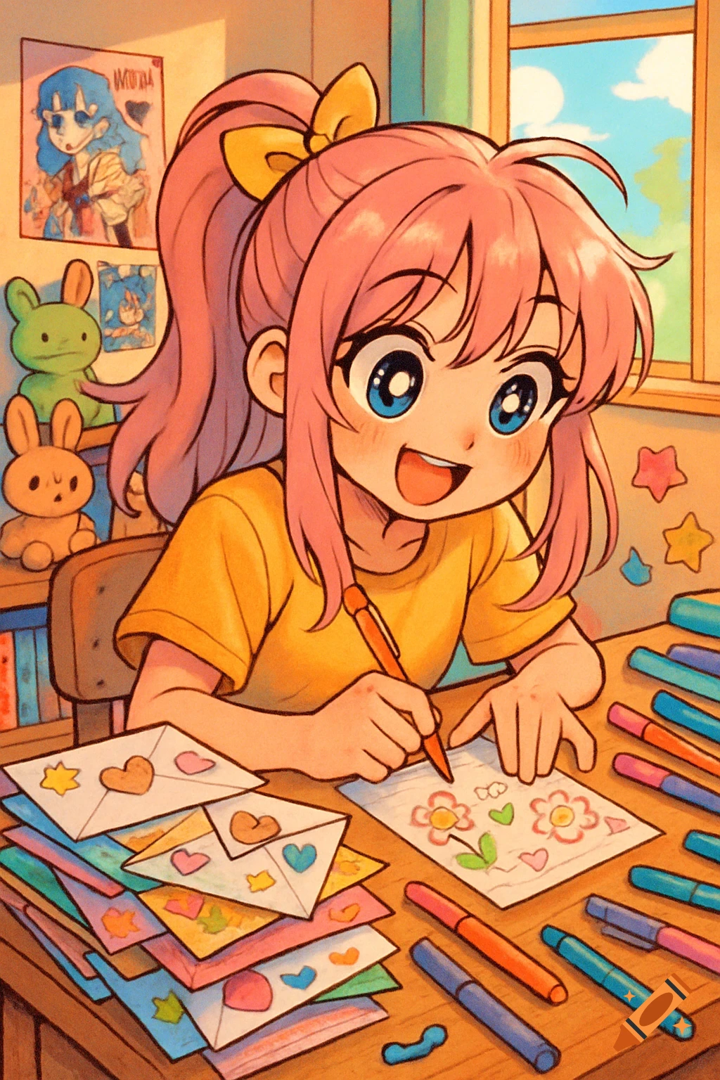 A cheerful anime girl with pink hair draws on paper at a desk filled with colorful markers and decorated letters.