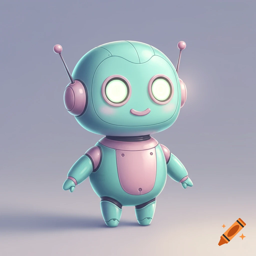 A cute, round, light blue and pink robot mascot with glowing eyes and antennas.