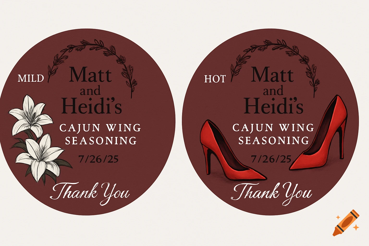 Two circular burgundy wedding favor labels for Matt and Heidi's Cajun Wing Seasoning. One features white lilies for 'MILD', the other red high heels for 'HOT', with '7/26/25' and 'Thank You'.