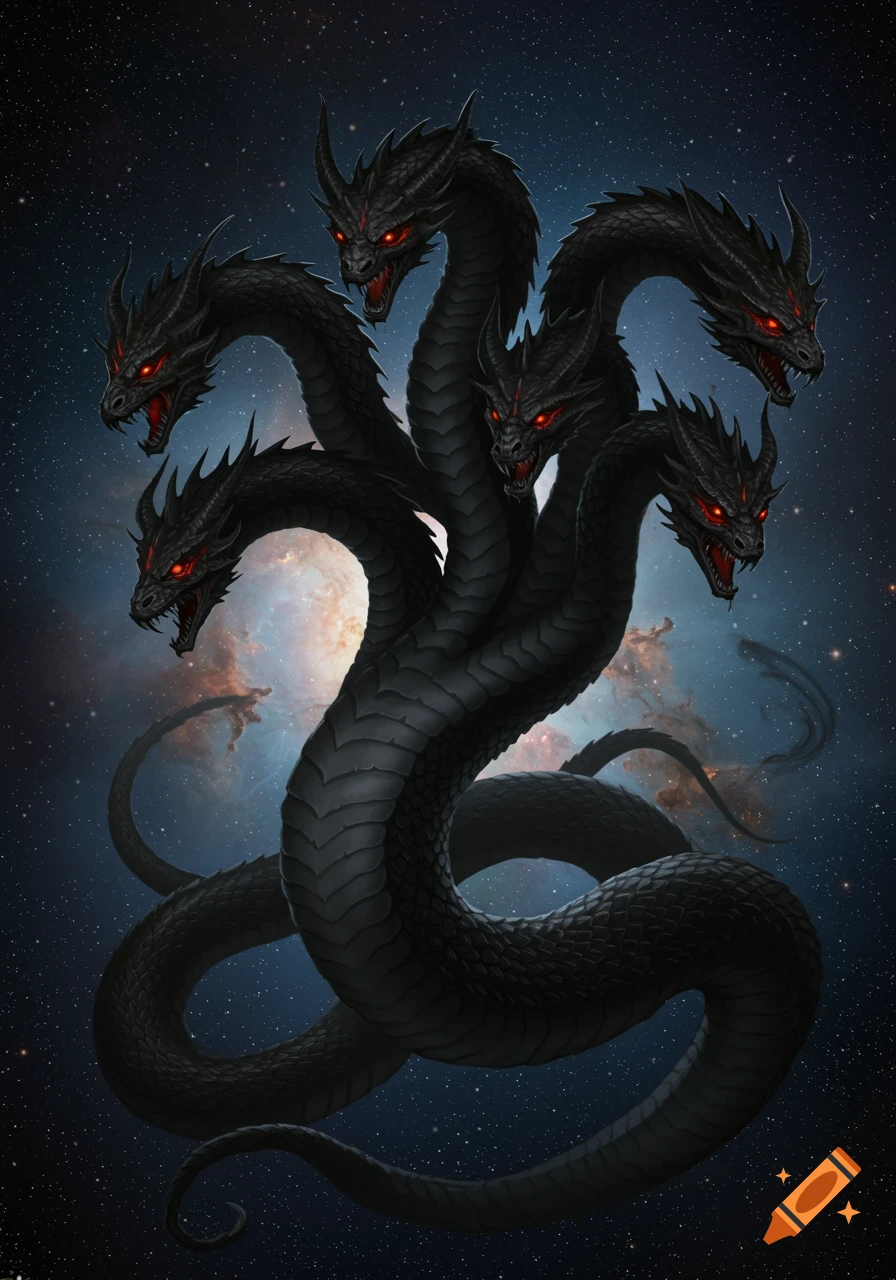 A black multi-headed dragon with glowing red eyes floats in a starry cosmic background with a nebula.