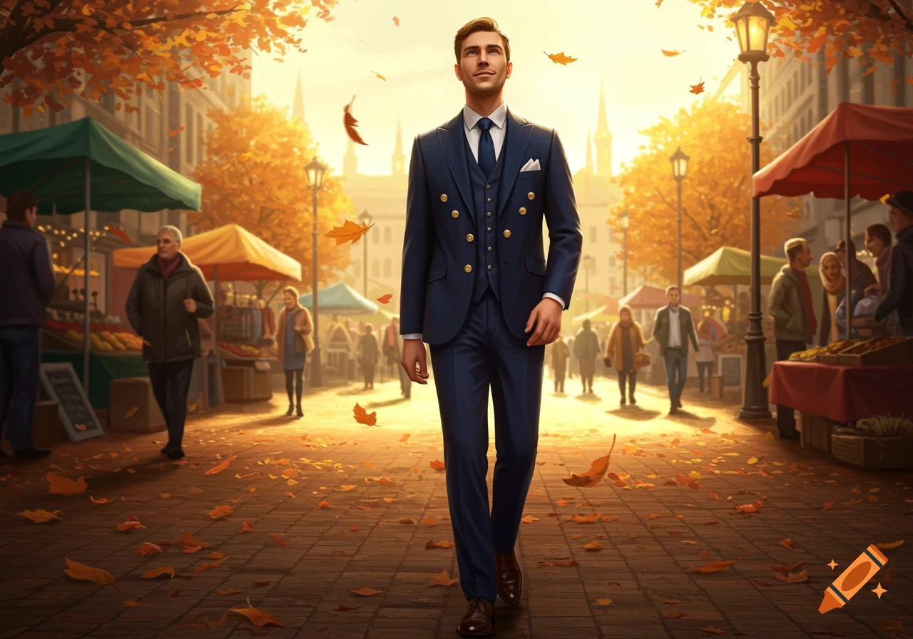 A man in a navy blue suit walks down a cobblestone street in a vibrant autumn city market, surrounded by golden-leaved trees and stalls.