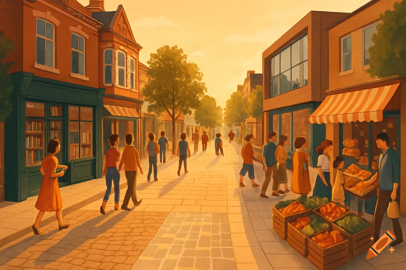An inviting illustration of a bustling pedestrianized high street with people walking past various shops under a warm, golden sky.