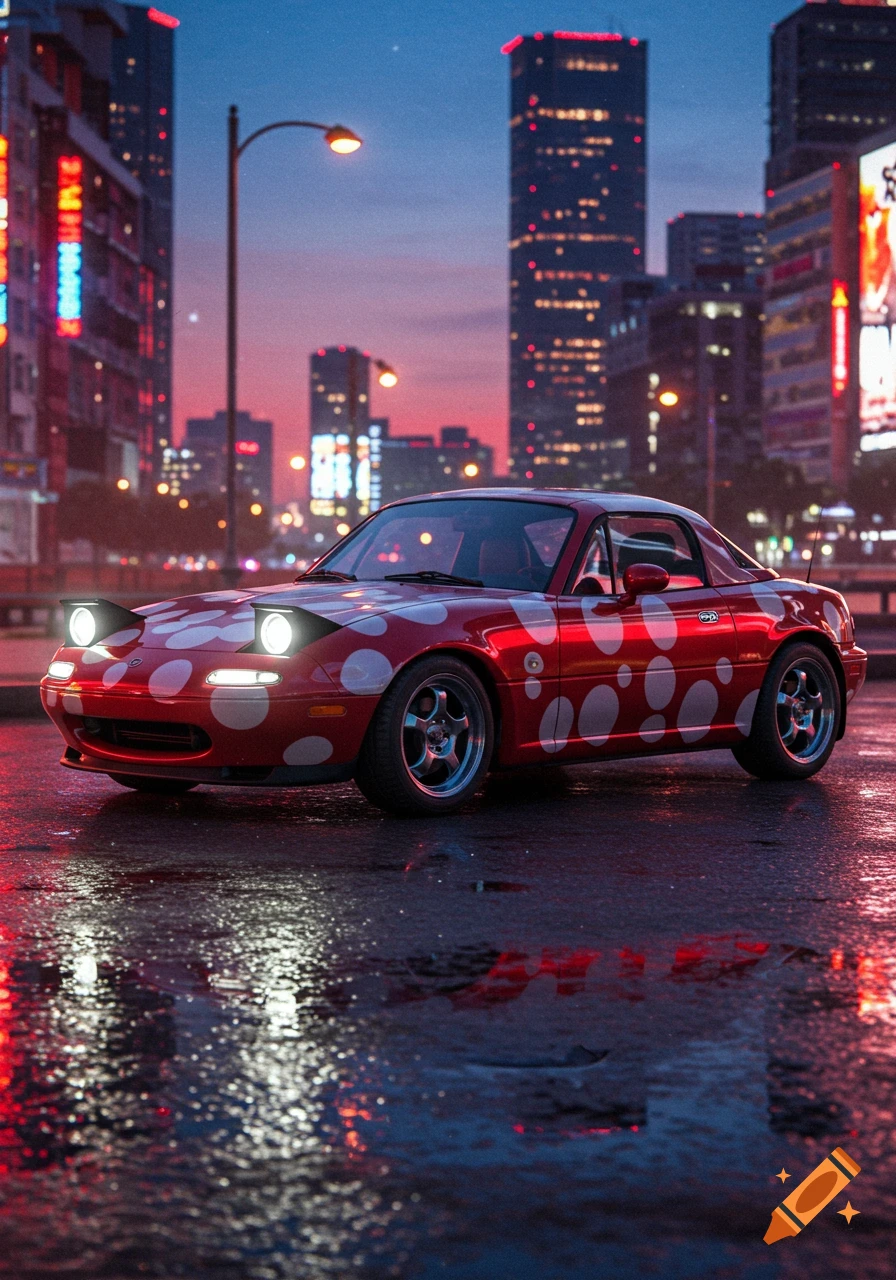 A red 1996 Mazda Miata with white polka dots parked on a wet city street at dusk, with illuminated buildings in the background.